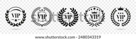 VIP label collection with laurel wreath, crown and stars. Luxury VIP emblem icons. Set of VIP user and premium member pass