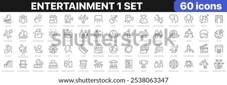 Entertainment 1 set line icons collection. Party, cinema, sport, games, music, vacation, celebration icons. UI icon set. Thin outline icons pack. Vector illustration EPS10