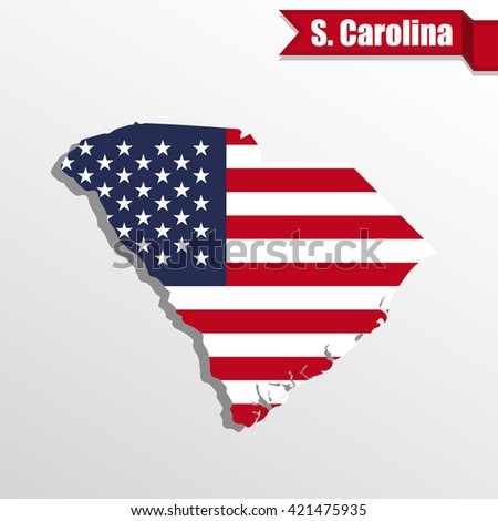 South  Carolina State map with US flag inside and ribbon