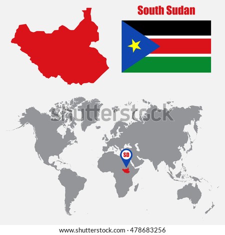 South Sudan map on a world map with flag and map pointer. Vector illustration