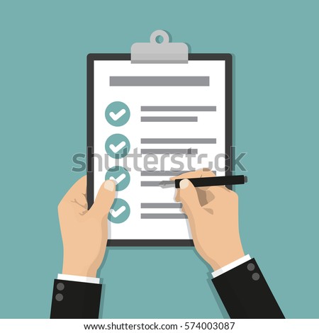 Businessman hands holding clipboard checklist with pen in a flat design