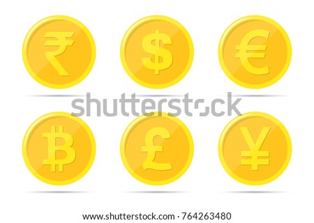 Set of icons of coins on the isolated white background. Bank notes of dollar, euro, pound sterling, yuan, rupee, bitcoin.