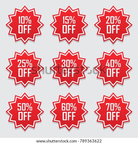 Sale tags set vector badges template, 10 off, 15 %, 20, 25, 30, 40, 50, 60, 70 percent sale label symbols, discount promotion flat icon with long shadow, clearance sale sticker emblem red rosette.
