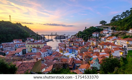 Similar – Image, Stock Photo Cityscape of Cudillero village, in the north of Spain. Cudillero is a charming village in Asturias, placed on a hill of the Atlantic coastline, with picturesque architecture and touristic restaurants and corners