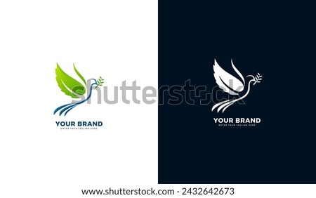 Leaf wing dove logo. Peace dove icon design, flying carrying plants. Graphic vector illustration