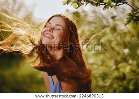 Similar – Image, Stock Photo Summer portrait of long haired teen girl making kissing mouth and showing Victory sign