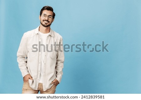 Similar – Image, Stock Photo shirtless caucasian young man wearing turquoise shorts in a park in summer