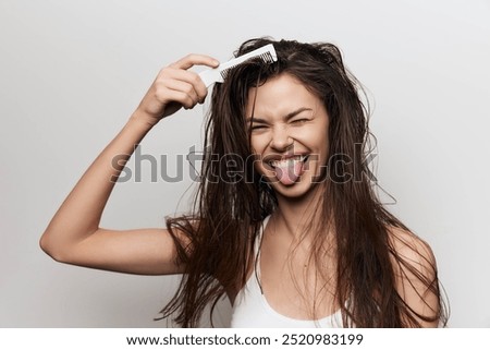 Similar – Image, Stock Photo Playful trendy woman on street in sunshine covering camera with hands