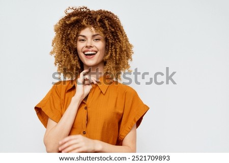 Similar – Image, Stock Photo Charming woman in light white dress on wavy beach