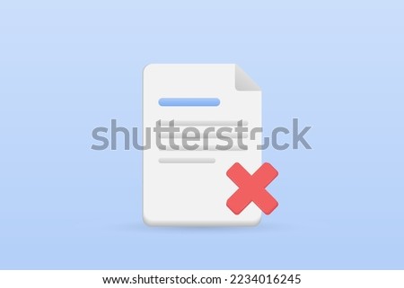 3d Reject document icon on blue background. 3d red cross vector render illustration.