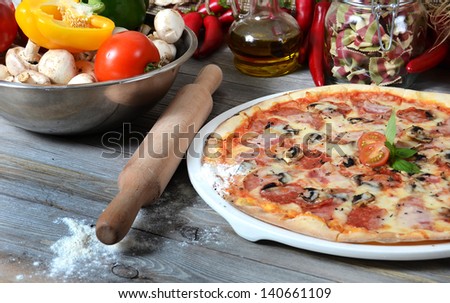 The Italian pizza with ham and mushrooms