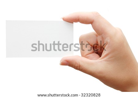 Paper card in woman hand isolated on white background