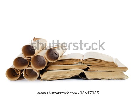 Many ancient scrolls and old books isolated