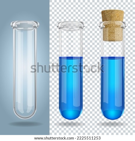 Three 3D transparent glass test tubes with blue liquid. Vector Illustration.
