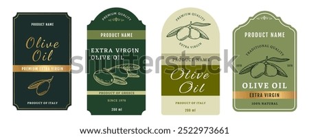 Set 3 of olive oil labels isolated on white background. Healthy vegetarian organic food. Vector Illustration. 