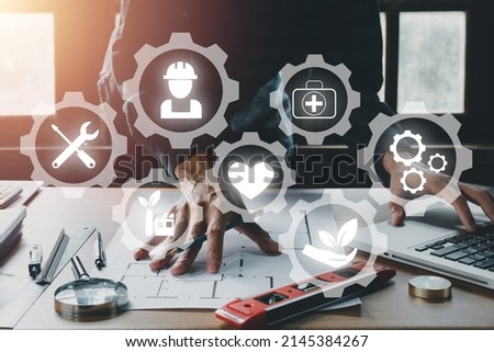 Health safety environment HSE education industry Concept, Engineer person working on laptop computer with VR screen Health safety environment icon. Photo stock © 
