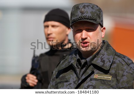 Chairman of the Ukrainian Parliament, acting President of Ukraine Oleksandr Turchynov on training of National Guard of Ukraine (former Internal Troops) in Novi Petrivci, Ukraine, 31 March 2014