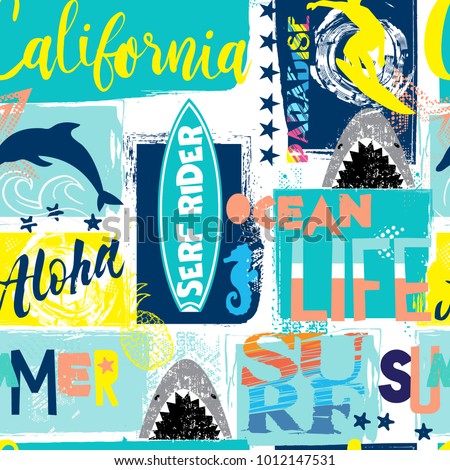 seamless abstract summer pattern with surfer, shark, dolphin, bright colors, for textiles, prints, for boy and girl