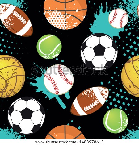 Seamless sport pattern with balls. Repeated backdrop for fashion clothes, t shirt, child, paper. Creative grunge design isolated on black