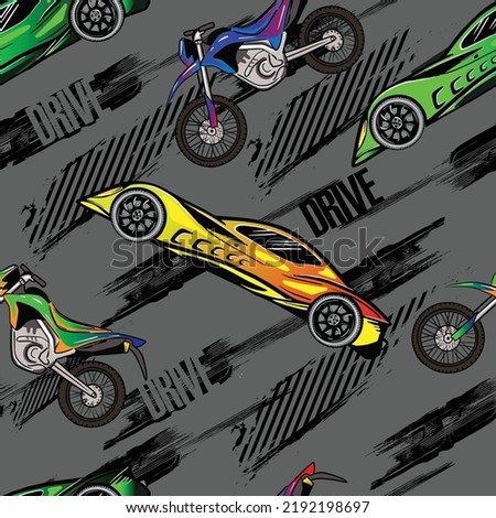 Abstract seamless pattern with sport cars and moto bikes .Bright background with grunge elements for textiles, children's clothes, prints. Pattern for boys