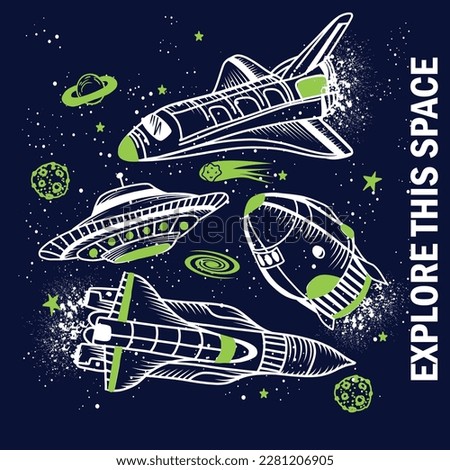 Hand drawnTypography space print with  space rockets, planets, stars. Space background