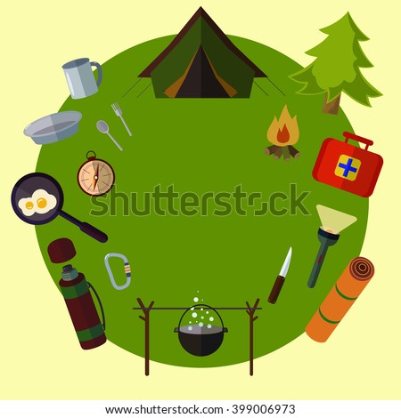 Camping landscape with tent  Adventure. Colorful design. Set icons. Vector flat banner set. Summer picnic grill party.