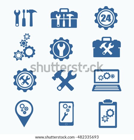 Tech Service Logo. Support settings concept. Mobile phone and computer recovery shop. Options and service tools icon set. Single flat icon isolated. Logo design. Vector illustration. Silhouette.