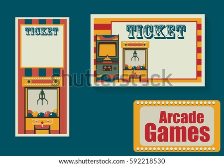 Ticket templates for playing park or room. Arcade games festival. One of amusement park series.