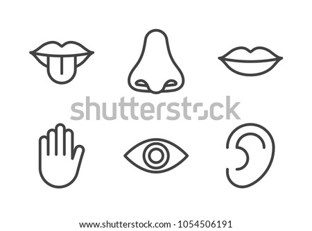 Outline icon set of five human senses: vision (eye), smell (nose), hearing (ear), touch (hand), taste (mouth with tongue). Simple line icons. Editable stroke. Vector illustration, eps10.