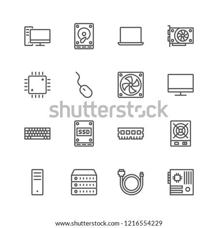 Simple set of line computer hardware icons: system unit, Laptop, monitor, Keyboard, mouse, SSD , Hdd, Motherboard, RAM, CPU, Server, cable, fan. Editable Stroke. 48x48 Pixel Perfect.