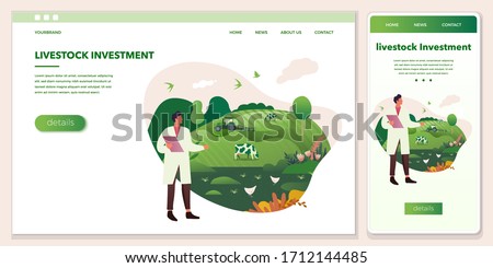 Set of vector cross-platform illustrations - an agronomist looks at agricultural fields. Tractor, farm animals a green background. Browser and mobile phone template