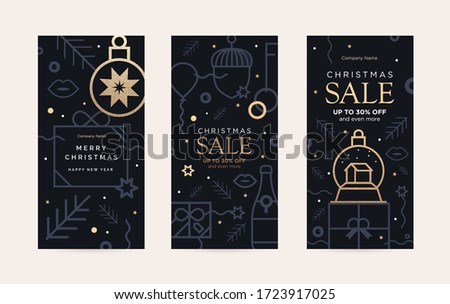 Set of sale cards holiday decorations in the style of abstract contour art.  Includes a balloon, confetti, and a Christmas glass ball with Gold grunge texture. New year's design template. Vertical