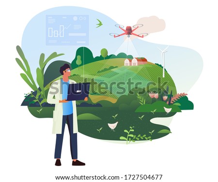 Vector illustration of a scientist-agronomist with glasses, engaged in diagnostics of the state of wheat and rapeseed crops using drones. High technologies and innovations. Concept