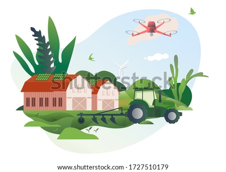 Spring and summer. Vector illustration of a Smart farm with wireless management, ranch, rural scene, farming, animal husbandry. High technologies and innovations. Scientific research.