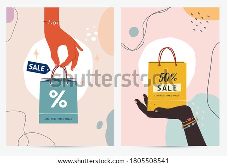 Shopping vector set of advertisement posters, Female hands hold colorful bags for shopping or gifts. Sales sign. Different percentages. Illustrations for a poster, banner, or postcard.