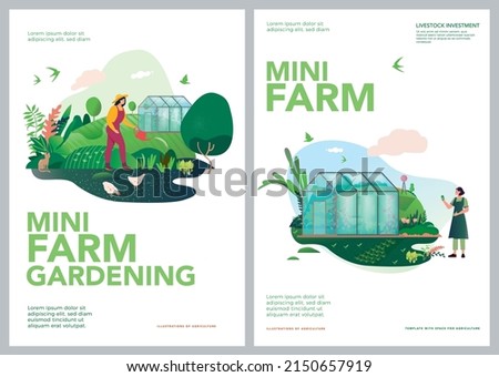 Vector set of spring and summer posters. People engaged in gardening. Organising spring gardening concept. Illustrations of farms and agronomic objects for a poster, banner or postcard.