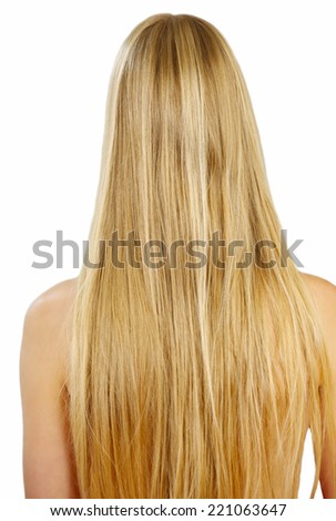 Long blonde hair uncombed, woman in rear view