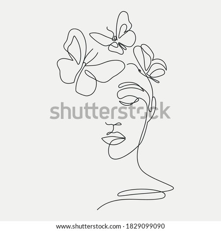 Woman head with butterfly composition. Hand-drawn vector line-art illustration. One Line style drawing.