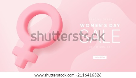 International Women's day banner design. 8 march background with 3d woman sign on pink background.