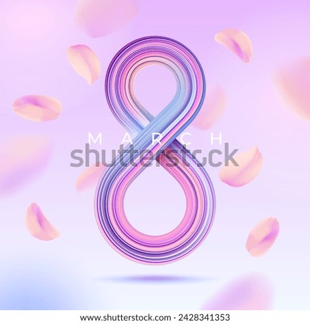 8 March background with 3d colorful number and petals. International Womens Day vector holiday banner. 