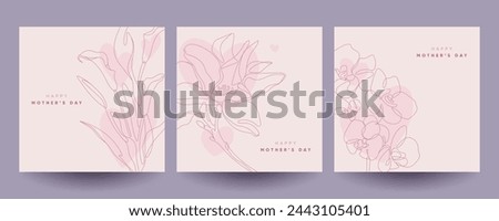 Happy Mother's Day greeting cards set with flowers and hearts. Continuous line art illustrations. 