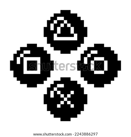 Playstation glitch cross triangle square circle icon black-white vector pixel art icon