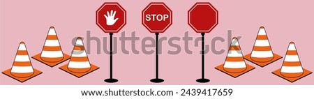 Traffic alert safety concept. isometric Red octagon pole label warning symbol with hand stop and cone on pink background.