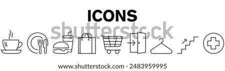 Toilet, food court, elevator, exit door and public navigation concept editable stroke outline icons set isolated on white background flat vector illustration.