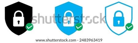 Shield lock check mark icon or security shield protection icon with padlock tick symbol.