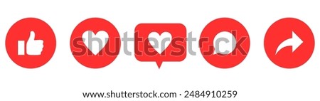 Like, comment, share icon buttons and Thumbs up and love heart flat icon in modern circle and speech bubble shapes , Social 