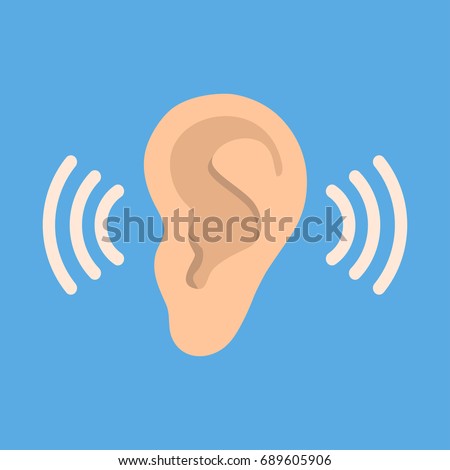 Ear listen vector icon on blue background. Ear vector icon. Listening vector icon.