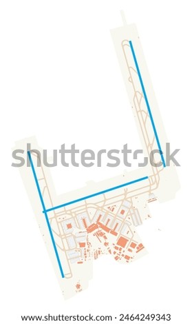 Map of Leonardo da Vinci-Fiumicino Airport (Italy). IATA-code: FCO. Airport diagram with runways, taxiways, apron, parking areas and buildings. Map Data from OpenStreetMap.