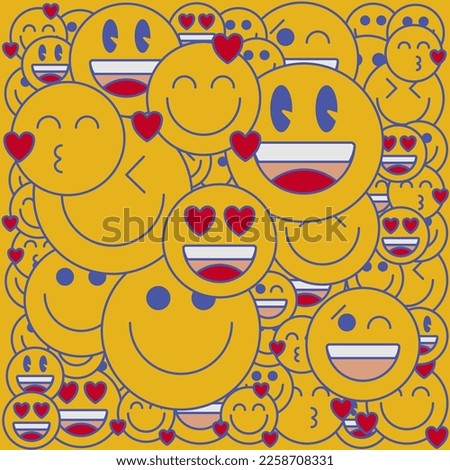 Vintage smile emoji background. Worn effect texture. Retro 70s 80s 90s style vector emoticon. Yellow emoticons vector collection: smile, laugh, love, winking, grinning, happy, kiss. 