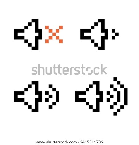 Dynamic pixel icon set. Load speaker on, off, mute vector sign. Sound signal control symbol user interface mobile app, messenger, computer. Volume button audio device. Retro computer game 8 bit design